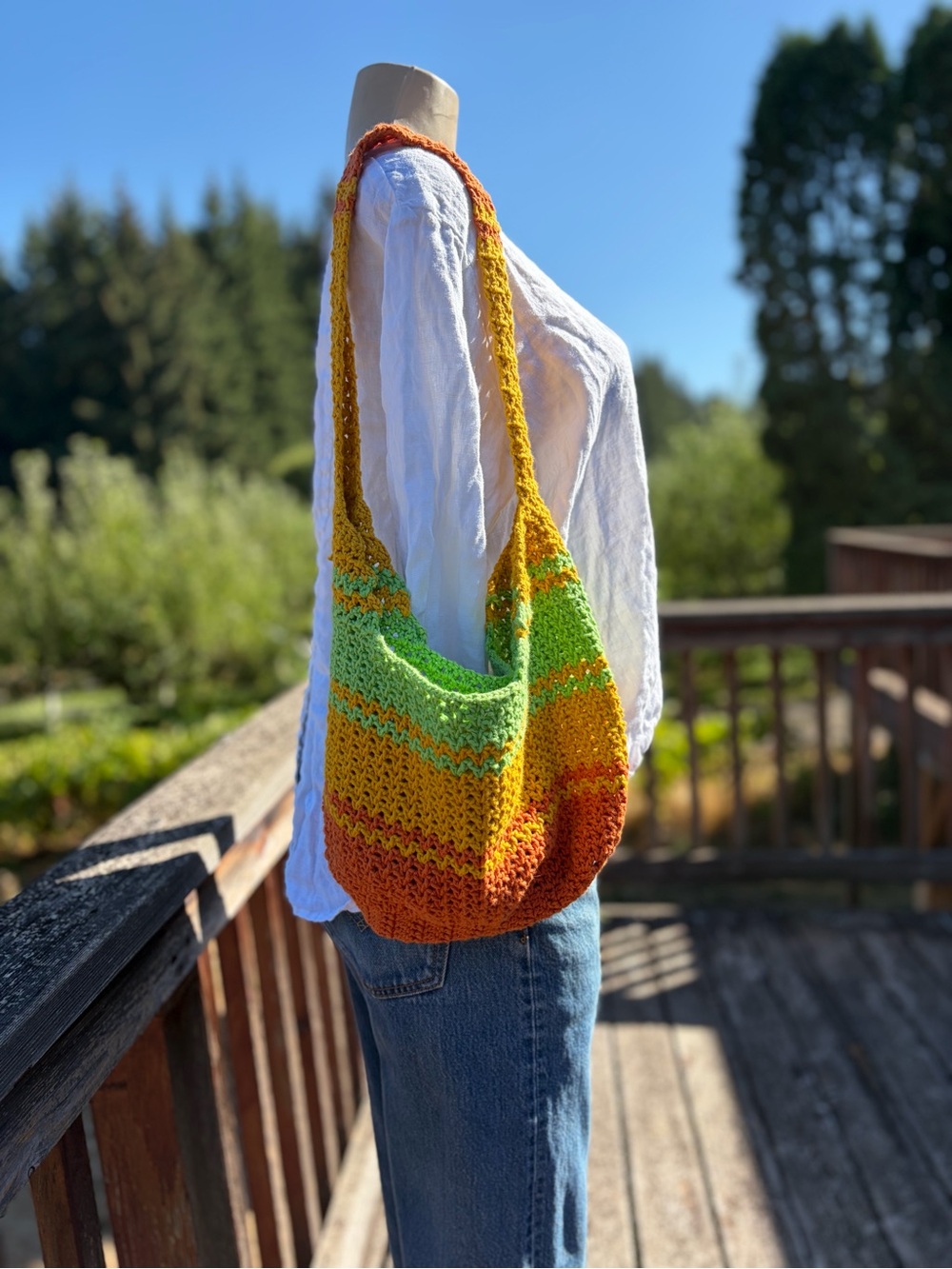 Handmade Crochet Shoulder Bag in Green, Yellow & Orange Hippie Granola Natural